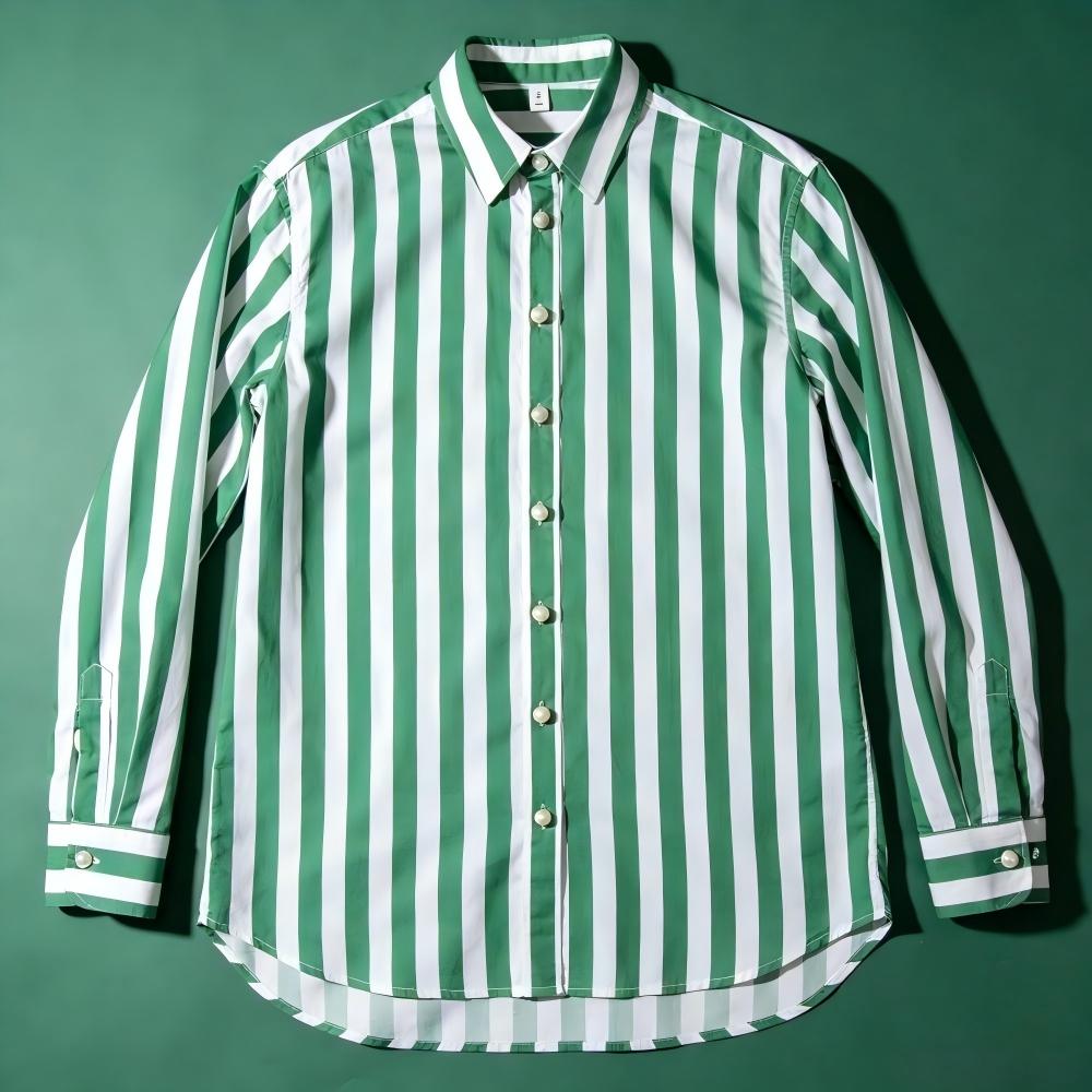 Green striped cotton shirt, retro Hong Kong style outfit